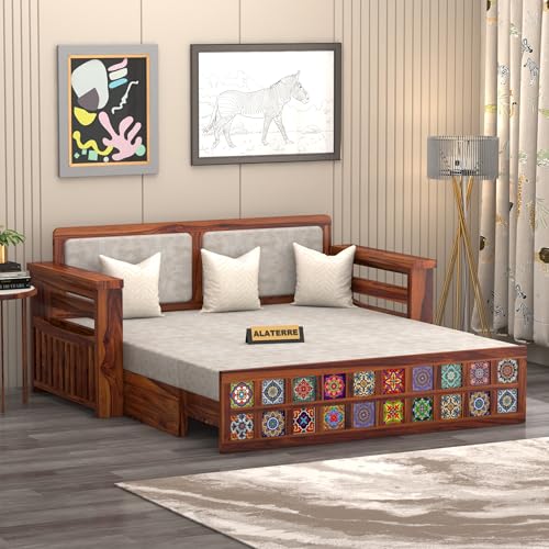 Image of Solid Sheesham Wood Sofa Cums Bed with Cushioned Seating & Handcrafted Tile Storage Front | Rosewood Convertible Sofa Bed for Living Room & Bedroom (Honey Finish)