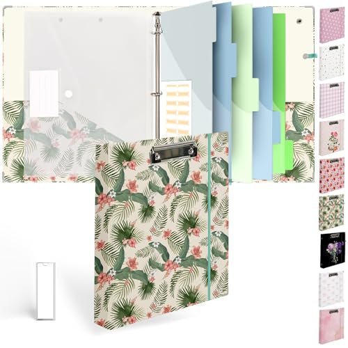 Etzul 3 Ring Binder 1 inch with Clipboard - Tropical Palm Leaf Design, Includes Dividers, File Bag & Spine Label - Perfect for School, Office, and Organization, Holographic Waterproof Film
