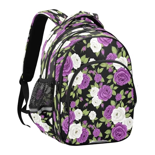 Purple White Roses Kids Backpack for Girls Boys Ages 8-14, Elementary School Backpack for Boys2