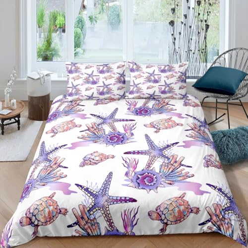 SJSXWQN Funda Nordica Cama 105 Estrella De Mar Coralina Edredon Cama 105 para Niñas Niños con Cremallera Suave cómodo Microfibra Fundas Nordicas 180x220 cm + 2 Fundas de Almohada 50x80 cm