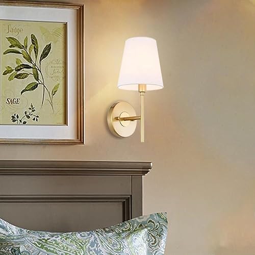 Miniatura 6 de Aplique de pared vintage de latón con pantalla de tela blanca, lámpara de pared retro industrial, lámpara de montaje en pared de cobre E27 para
