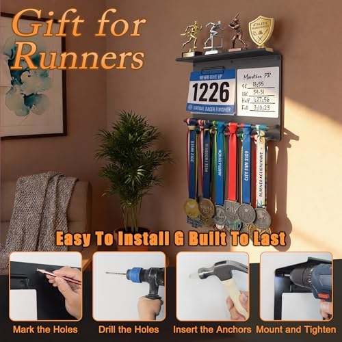 Image of Running Medal Hanger Display with Trophy Shelf, Race Bib Holder and Whiteboard, 2-Bar Medal Holder for 50+ Medals with Flag Magnets, Marker, Wall Mounted, Grey
