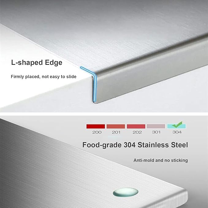 Image of HOMEZE 304 Stainless Steel Chopping Board 51 x 41 cm - Rust Proof, Non‑Slip & Heavy Duty Counter Top Cutting Board with Lip, Smooth Round Edge - for Cutting Vegetables, Fruits, Meat & Kneading Dough