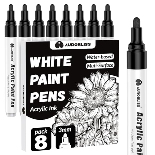 Aurobliss Feutre Acrylique Noir Permanent 2-3mm, 8 Marqueur Noir pour Bois, Metal, Plastique, Tissus, Galets, Verre Marqueur Acrylique Pointe Moyenne