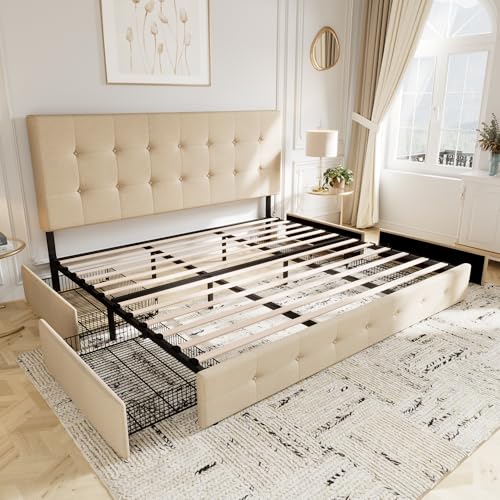 image for Allewie Upholstered King Size Platform Bed Frame with 4 Storage Drawer