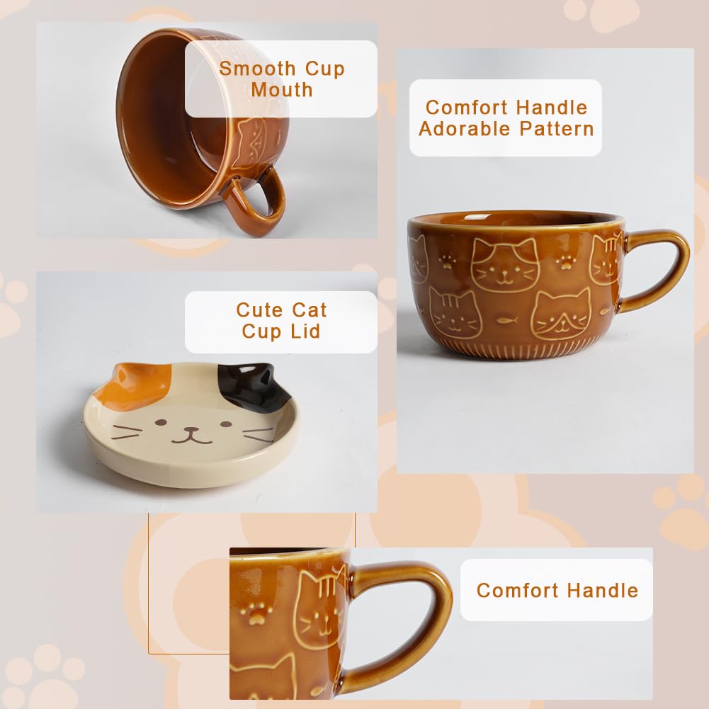 HOTUT Tazza Gatto Caffe Set Ceramica Kawaii, Set di Tazze da Caffè con Coperchi, Tazza da Tè in Ceramica Cartoon, Divertente Gatto Tazze per le Donne, Amici, Bambini, Regalo di Natale, Compleanno