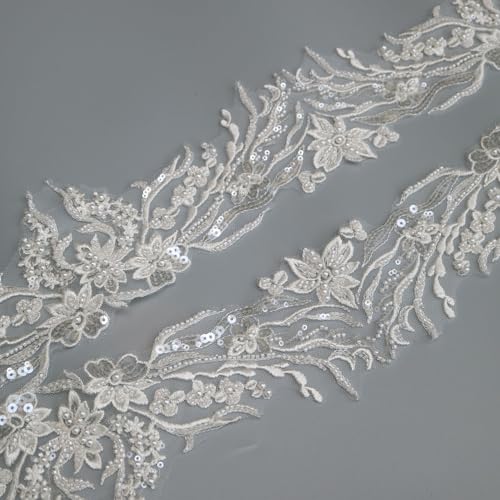 G-RUI Spitzenapplikationen für Hochzeitskleider, Blumenpailletten, Perlen, Stickerei, Weiß, 2 m