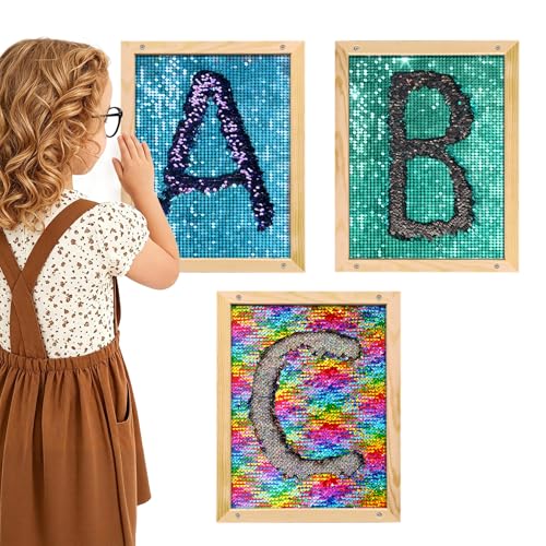 Wibeelee 3 Pcs Flip Sequin Fabric Wood Frame Wall Panel Sensory Toy Reversible Sequin Flip Fabric Mat with Wood Frame Interactive Sensory Board for Play & Learning Wall Hangings Decoration