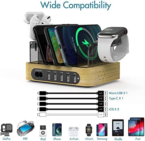 Bamboo Charging Station for Multiple Devices - Uplayteck 40W 5-Port Desktop USB Charger, Apple Watch Stand, Compatible with iPhone 11/Pro/Max Galaxy S9/S8 iPad Tablet (5 Charging Cables Included)