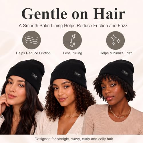 Image of Satin Lined Winter Beanie Hats for Women Unisex Cotton Knitted Cuffed Knit Hat with Silky Lining Slouchy Skull Cap