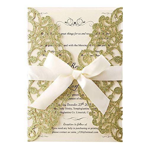 Buy 1 get 1 🔥 Hosmsua 50PCS 5” x 7.2” Laser Cut Lace Glitter Wedding Invitations Cards with bowknot for Wedding Bridal Shower Engagement Birthday Graduation Invite (Gold Glitter)
