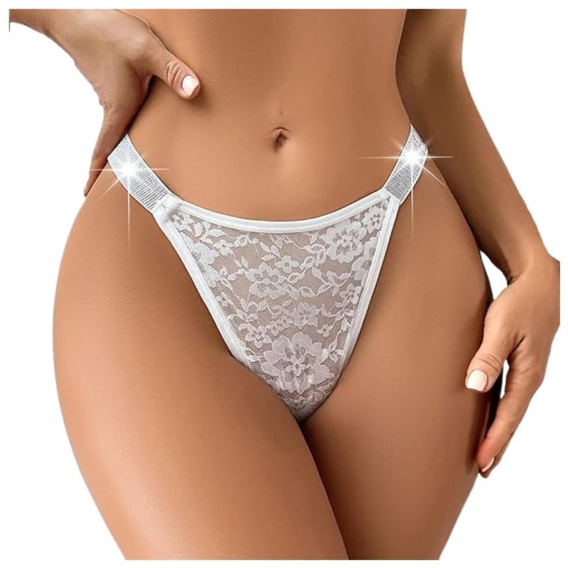 Women Shine Strap G-String Thongs Underwear – Sexy Low Rise Stretchable Lace Bikini Panty Pack of 1 (White)-image-21