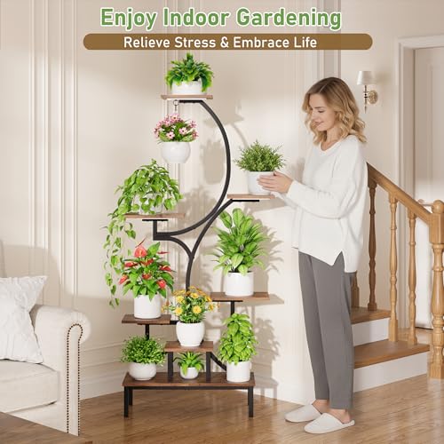 Image of Plant Stand Indoor with Grow Lights - 7-Tier Indoor Plant Shelf with Elevated Base & Hanging Hook, 63 inch Corner Plants Stands for Multiple Plant Sizes, Multi-Tiered Lighted Rack for Living Room, Black