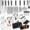 Leonyo Griddle Accessories Set of 25, Heavy Duty Stainless Steel Grill Griddle Metal Spatulas for Cast Iron Flat Top Teppanyaki Hibachi Cooking, Burger Press, 2 Melting Domes, BBQ Fork, 2 Carry Bags