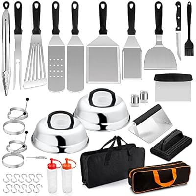 Leonyo Griddle Accessories Set of 25, Heavy Duty Stainless Steel Grill Griddle Metal Spatulas for Cast Iron Flat Top Teppanyaki Hibachi Cooking, Burger Press, 2 Melting Domes, BBQ Fork, 2 Carry Bags