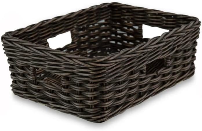The Basket Lady Rectangular Low Wicker Storage Basket, Small, 12 in L x 8 in W x 5 in H, Antique Walnut Brown