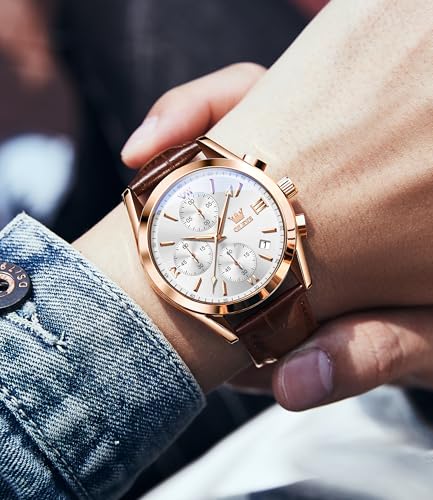 Image of OLEVS Watches for Men Original Analog Quartz Stylish Brown Leather Luxury Business Chronograph Waterproof Date Mens Wrist Watch