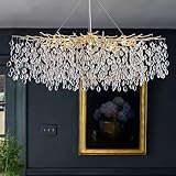 LIZZTREE L47.2 Rectangle Gold Crystal Chandeliers for Dining Room, Modern Branch Chandelier Pendant Light Fixtures for Kitchen Island, Living Room, Bedroom