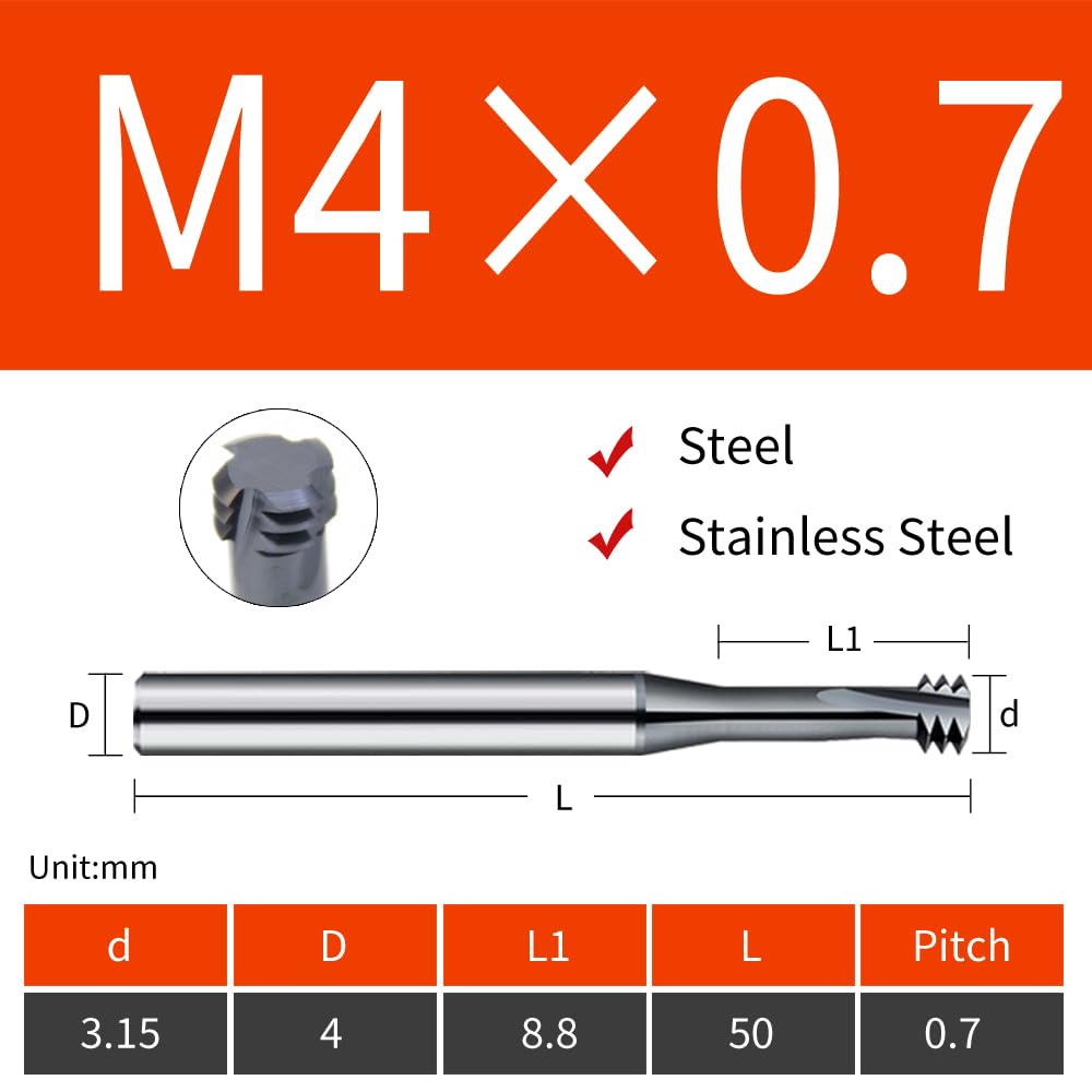 LUOCUT Metric Thread Milling Cutter Solid Carbide for Stainless Steel (2pcs M4×0.7)