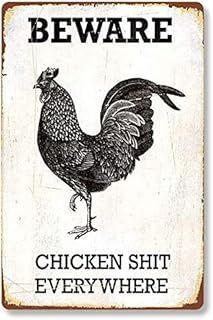 ZMKDLL Funny Tin Sign Rooster Beware Chicken Shit Everywhere Chicken Coop Decor Outdoor Indoor Wall Panel Retro Vintage Mural 8x12 Inch