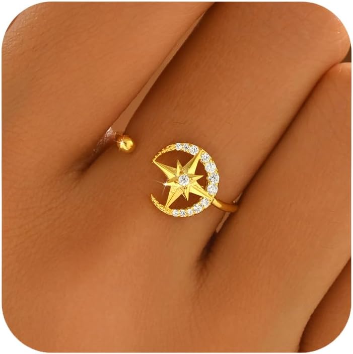SUYACS 925 Sterling Silver Star and Moon Rings for Women 14K Gold Plated Adjustable Open Moon CZ Statement Ring Crescent Promise Finger Ring Jewish Jewelry Birthday Gifts to Daughter