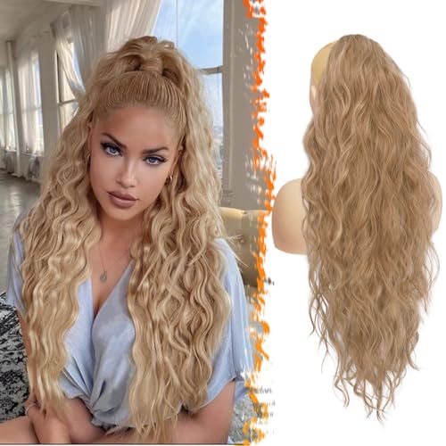 BARSDAR Long Blonde Ponytail Extension - 26 Inch Curly Wavy Drawstring Ponytail Hair Extensions for Women - Synthetic Clip in Pony Tails Hairpieces Daily Party- Strawberry Blonde Mixed