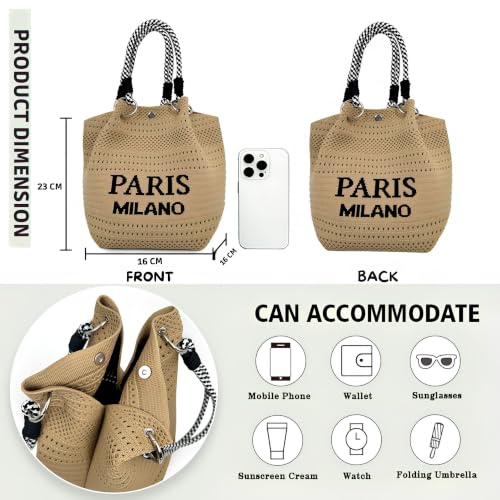 Image of Knitted Bucket Bag for Women, Large Capacity Shoulder Handbag with Magnetic Closure, Woven Tote Purse for Shopping, Travel, Office & Daily Use- Khaki, Pack of 1
