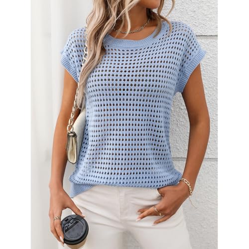 Blostirno Women's Crochet Knit Sweater Vest Hollow Out Crewneck Cap Short Sleeve Beach Cover Up Summer Shirt Tops3