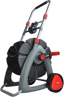 LEHMANN Schlauchwagen mit Verstellbarer Höhe 61-81 cm, für bis zu 45 Meter 1/2“ Gartenschlauch, integriertem Anschluss und Kurbel zum Aufwickeln, Gartenschlauchwagen auf Rädern