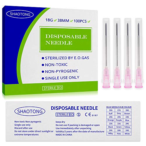 SHAOTONG 18Ga Luer Lock Safety Individually Wrapped (18Ga 38mm 1.5inch, 100)