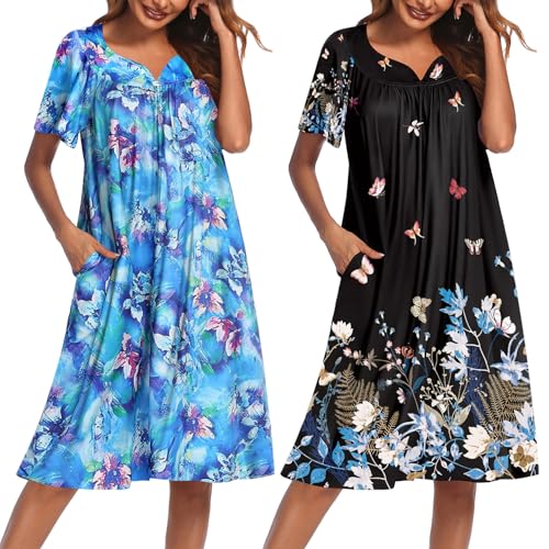 Image of Ekouaer 2 Pack House Dresses for Women with Pockets Short Sleeve Moo Moos Floral Print Mumu Dresses