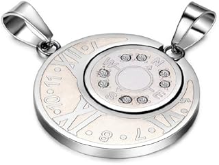 JewelryWe Couples 2pcs Stainless Steel Round Compass Design Pendant Necklaces Set with Roman Numerals (with Gift Bag)
