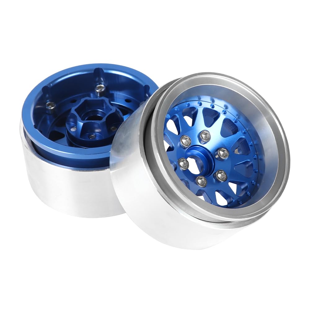 KINGCOO Beadlock Lot de 4 roues de 1,9" - 10 mm - En aluminium et métal - Pour voiture 1/10 RC Rock Crawler - Pour Axial 90046 SCX10 TRX4 Gen8 TRX6 D90 - Pièces de rechange (12 rayons, bleu)