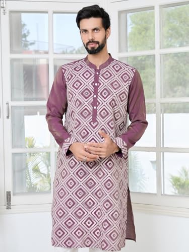 Image of See Designs Men's Full Sleeve Mandarin Collar Floral Embroidered Mandarin Collar Thread Work Straight Long Kurta - Festive Collection