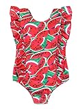 El bikini para niñas pequeñas con patrones de colores brillantes y diseño de volantes asegura que las niñas se destaquen y sean más lindas en el agua.