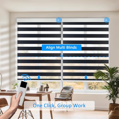 Image of Motorized Zebra Blinds Custom Size Smart Dual Layer Shades for Windows with Remote | Assembled in USA | Electric Day and Night Privacy Light Filtering Rechargeable Quiet Motor Window Shades