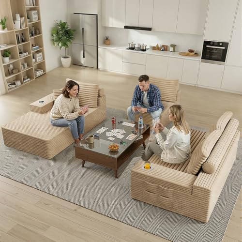 Image of 138 inch Cloud Sectional Couch with L Shape Chaise, Frameless Corduroy Sofa, Higher 17.7 inch Seat Height, 32D Pure Foam, Built in Cup Holders, No Assembly Required (Camel, Right Facing Chaise)