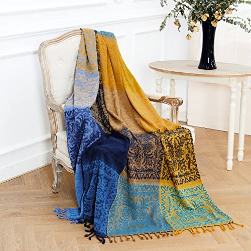 Aivia Bohemian Throws Blankets, Chenille Woven Recliner Chair Throw Cover Futon Furniture Cover Sofa Slipcover Boho Bed Blanket - 60" X 75" Navy Teal Yellow #TOP2