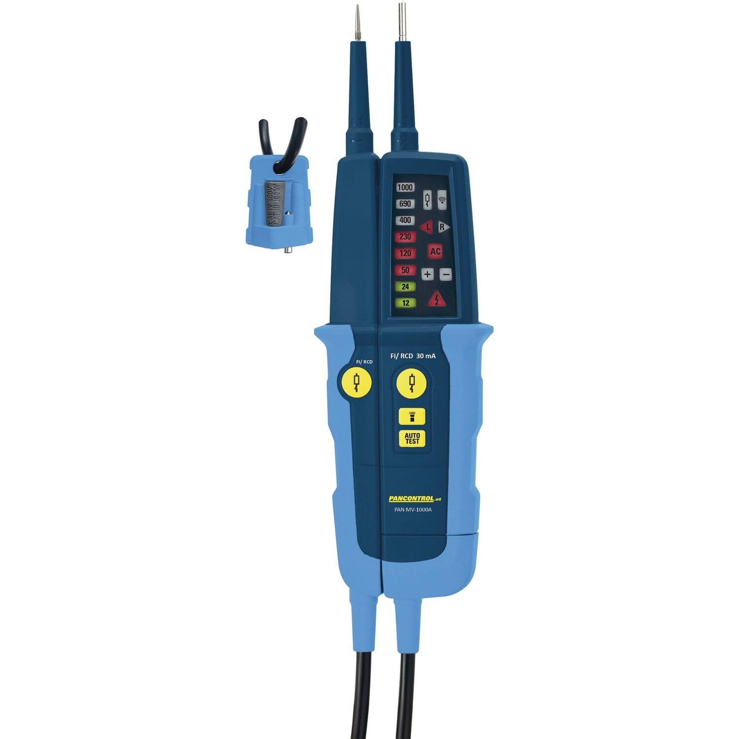Pancontrol PAN MV-1000A - Comprobador de voltaje y continuidad (12-1000 V CA/CC, indicador de campo giratorio, prueba de 30 mA, indicador LED
