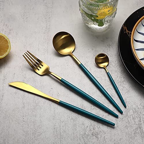 Image of aDai Premium Gold SUS304 Stainless Steel Cutlery Set - 8 Spoons, 4 Fork, 4 Steak Knife - Mirror Finish Dinnerware Flatware (Green - Set of 16)