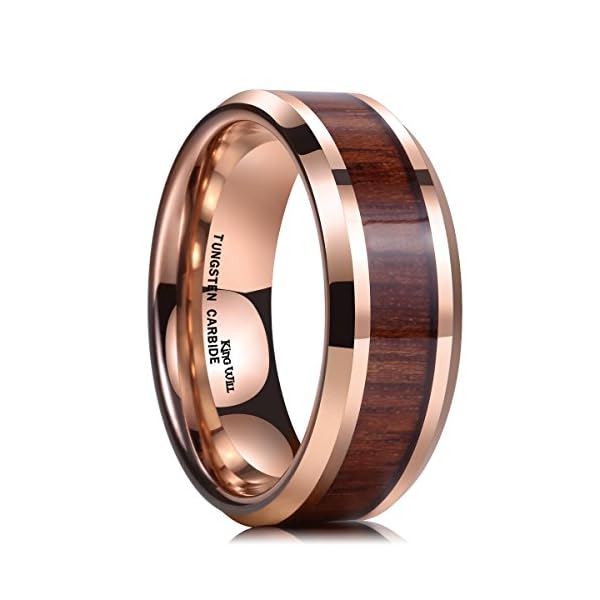King Will Nature Tungsten Carbide Wedding Ring 8mm Koa Wood Inlay Rose Gold High Polished Comfort Fit 10