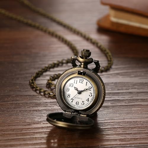 Image of JewelryWe Bronze Flower Pocket Watch: Retro Vintage Pendant Watch with Openwork Cover and 32.3 Inch Chain - for Men Women Daily Wear and Gift Giving