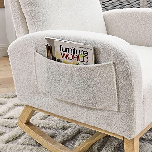 Nursery Rocking Glider Chair, Modern Teddy Fabric Tall Back Accent Rocker Chair Upholstered Arm Chair W/Side Pockets, Modern Leisure Single Sofa For Living Room, Hotel, Bedroom, Office, White #TOP7