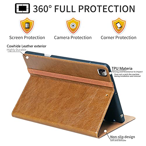 Nanruil For Ipad Pro 11-Inch Case 4Th/3Rd/2Nd/1St Gen Genuine Leather Cover Protective Shell For 2022/2021/2020/2018 With Pocket Strap,Built-In Pencil Holder And Auto Wake/Sleep.brown #TOP3