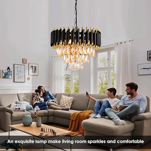 Image of DREAMY DESIGNS Chandelier Lights for Ceiling Black Gold 400 MM 3-Tier Crystal Chandeliers for Living Room with 3 Mode LED Light Plate for Hall Modern Jhumar Designer Bedroom and Dining Room