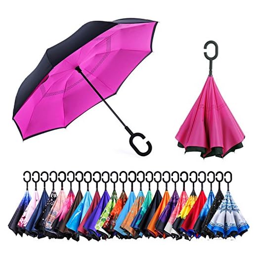 Newsight Reverse Umbrella, Double Layer Inverted Umbrella Upside Down, Self Stand, C Shape Handle, Inverse Inside Out Folding for Car, Windproof, Waterproof, Sun Protective (Red of Rose)