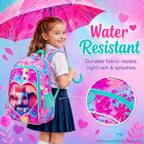 Image of 16 inch Girls Backpack, 3Pcs Elephant School Bookbag with Lunch Box, Kids Backpacks for Elementary Preschool Kindergarten(Pink)