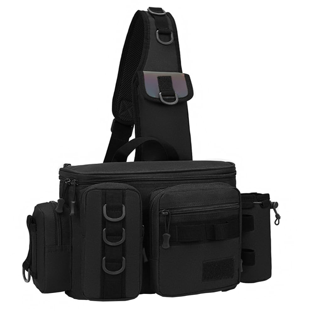 Sac à dos de pêche avec support de canne, sac de pêche portable, grande capacité, sac à bandoulière pour leurre de pêche, appât, équipement de pêche en mer, camouflage/uni, Noir