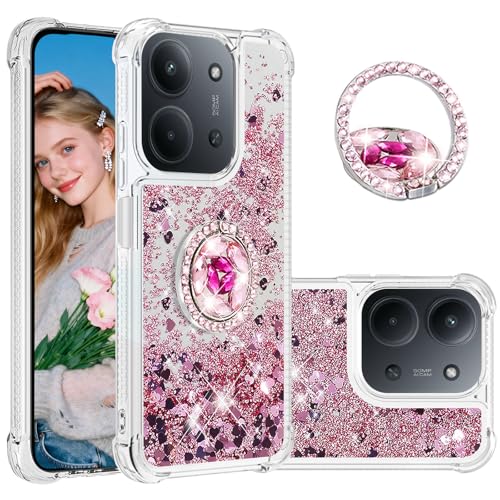 Ephoou for Xiaomi Redmi 15C 4G Glitter Case with Diamond Kickstand, Women Girls Cute Liquid Bling Heart Floating Sparkle Soft TPU Shockproof Cover for Redmi 15C 171mm LSZ-Pink