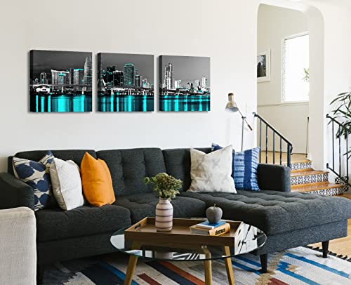 Blinfeiru Miami Skyline Wall Art Black White And Teal Blue Florida Panorama Cityscape Posters Pictures Canvas Prints City Night View For Home Wall Decorations 3 Panel Framed Ready To Hang #TOP1